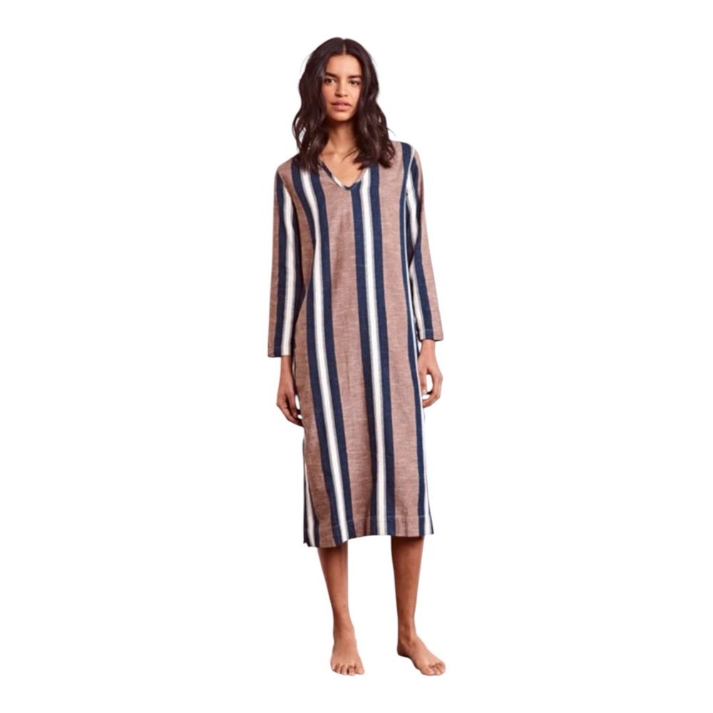 Ace & Jig Toni Dress Captain Print Size XS Brown Navy Stripe Long Sleeves Flaw